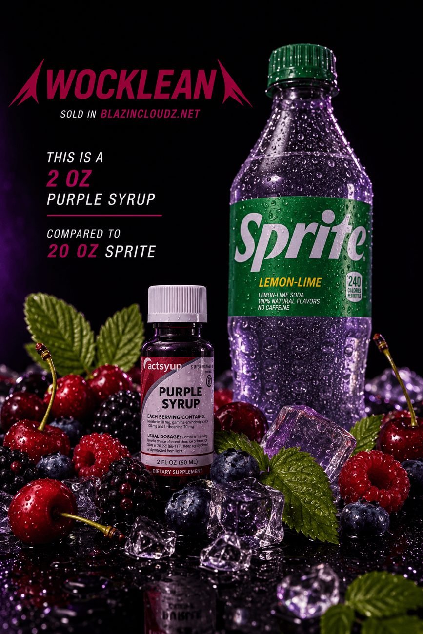 Wocklean 2oz Purple Syrup compared to a 20oz Sprite bottle